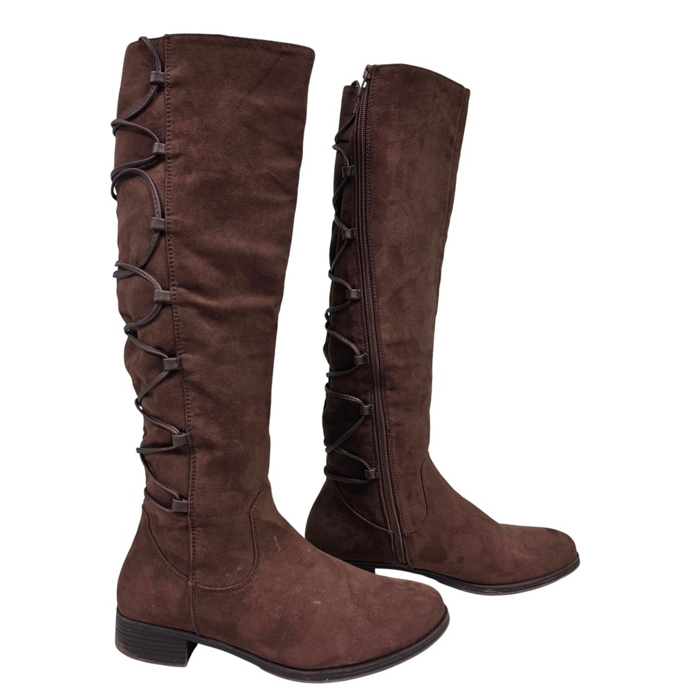 Renfest‎ Cottagecore Tall Boots Womens 8 Brown Lace Up Back Side Zip Faux Suede